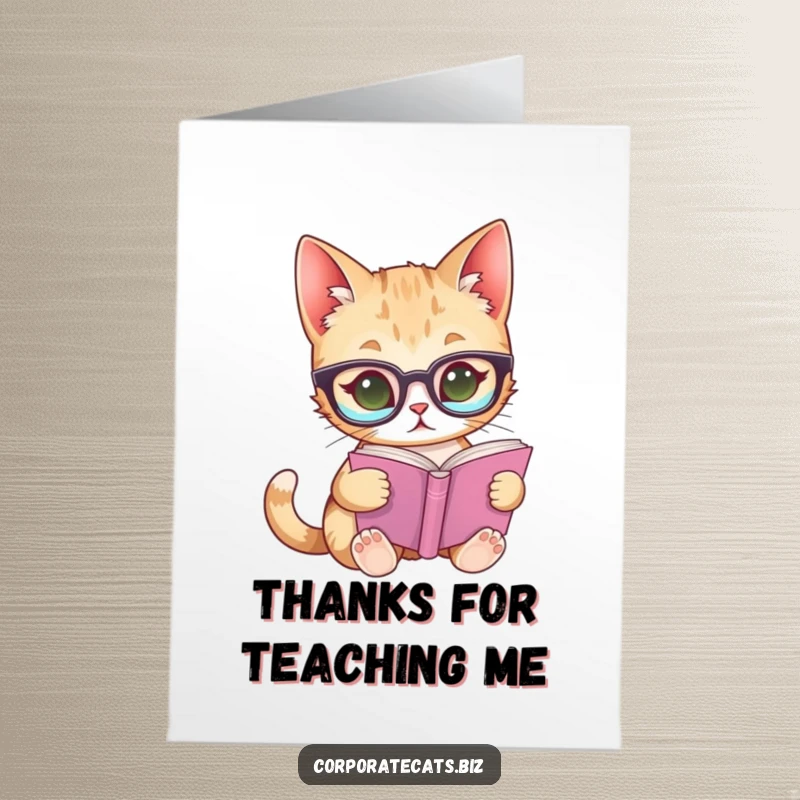 Funny Free Printable Thank You Card: Curious cat wearing glasses, reading a book, offering thanks with a thoughtful expression.