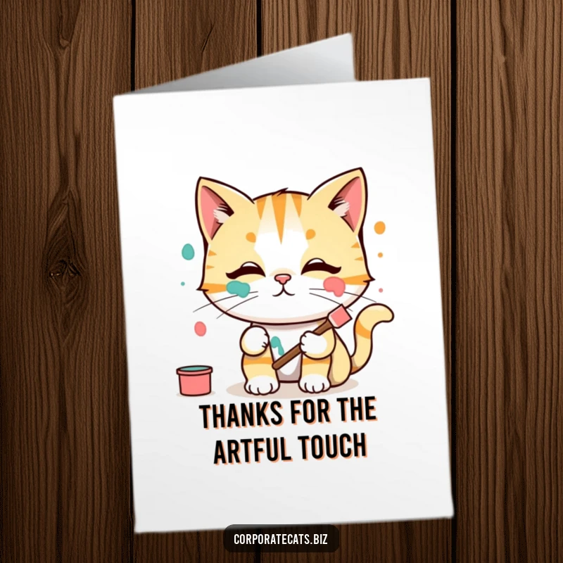 Funny Free Printable Thank You Card: Cat artist smears paint on face, perfect for a humorous thank you.