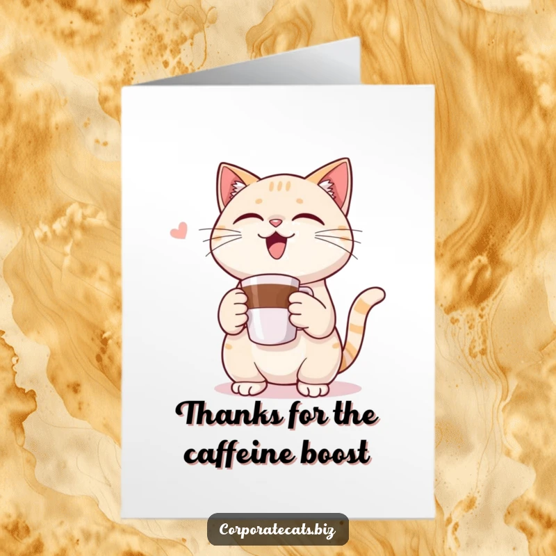 Funny Free Printable Thank You Card: Cat savoring a coffee cup, expressing gratitude, humorous downloadable appreciation.