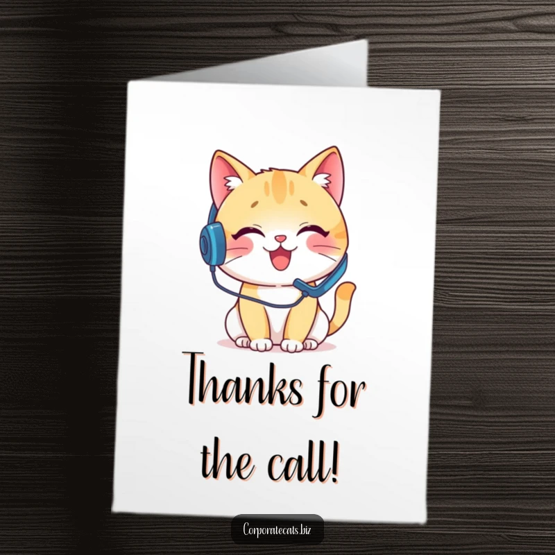 Funny Free Printable Thank You Card: Cat wearing headset on a pretend call, humorously expressing gratitude.