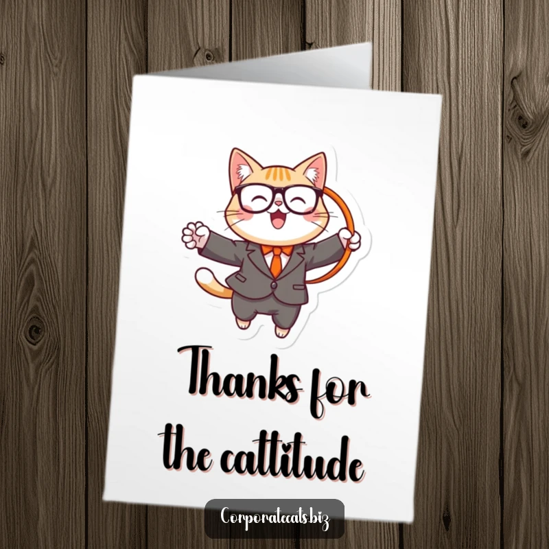 Funny Free Printable Thank You Card: A cheerful cat in a suit and glasses jumps through a hoop, a delightful thank you gesture.