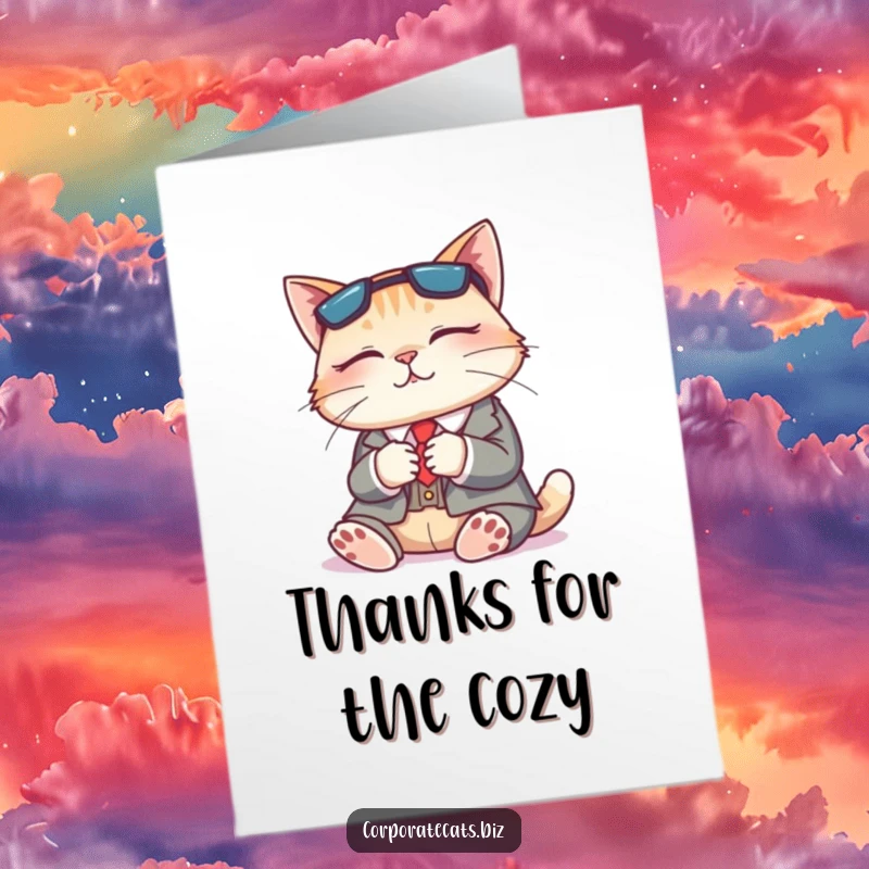 Funny Free Printable Thank You Card: Content cat in a business suit napping, offering thanks with a sense of calm.