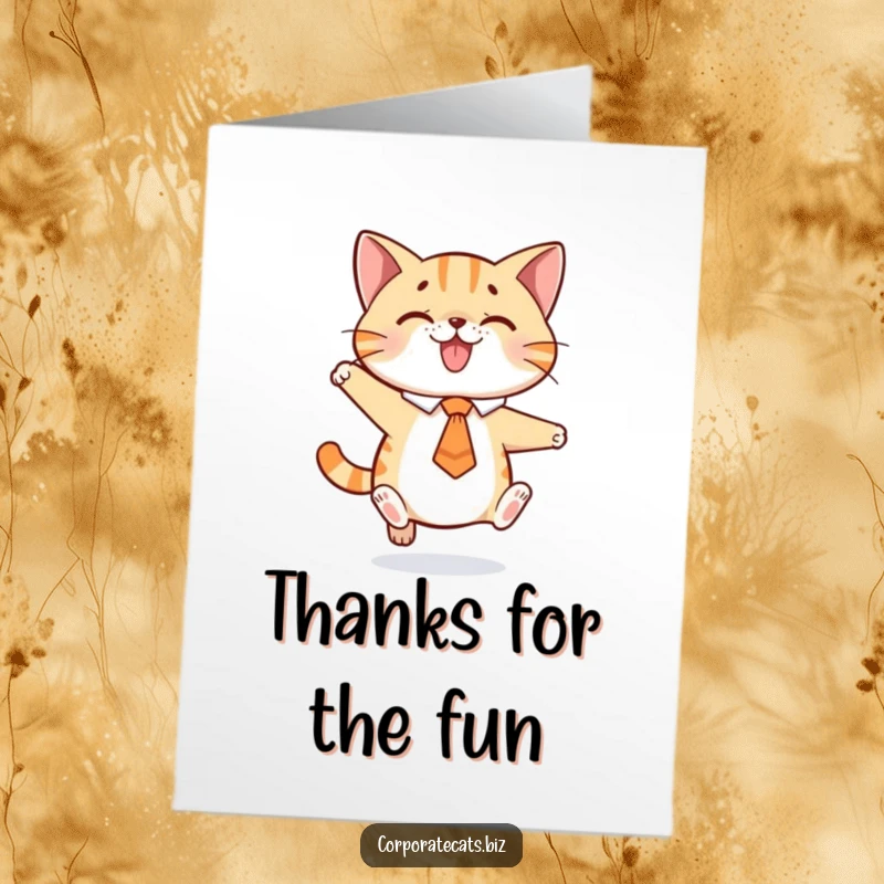 Funny Free Printable Thank You Card: Playful cat wearing a tie, doing a little jump, conveying thanks with enthusiasm.