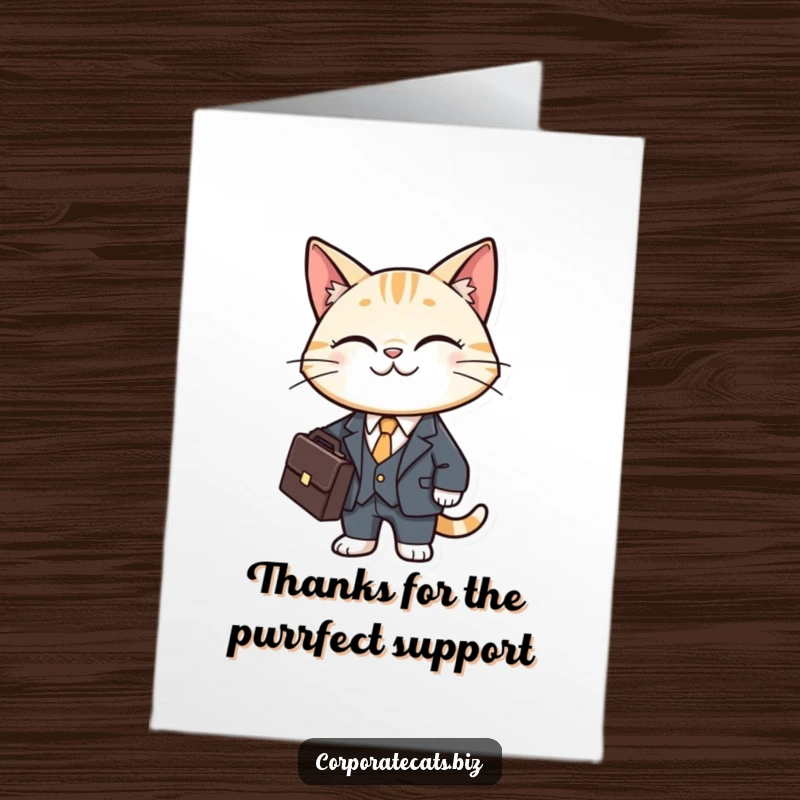 Funny Free Printable Thank You Card: A smiling cat in a business suit carries a briefcase, conveying thanks in a professional feline manner