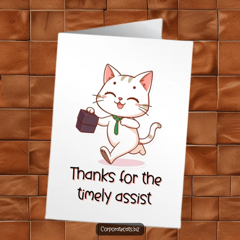 Funny Free Printable Thank You Card: A smiling cat dashes with a briefcase, conveying thanks with cheerful, quick energy.