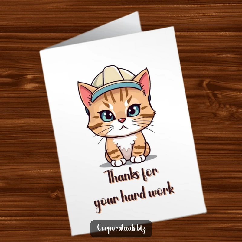 Funny Free Printable Thank You Card: Determined cat in a hard hat, offering appreciation for hard work and effort.