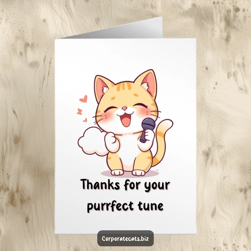 Funny free printable thank you card: playful cat singing into a microphone towards a cloud.