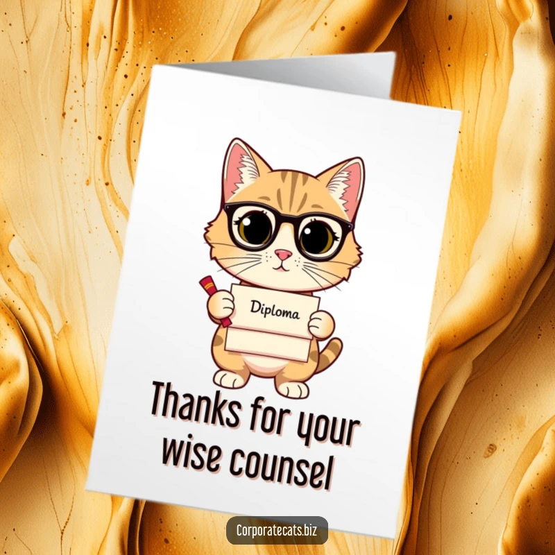 Funny Free Printable Thank You Card: A sophisticated cat proudly displays a tiny diploma, offering wise thanks.