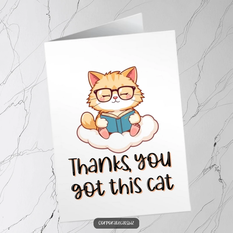 Funny Free Printable thank you card: a fluffy cat wearing glasses reads a book on a cloud.