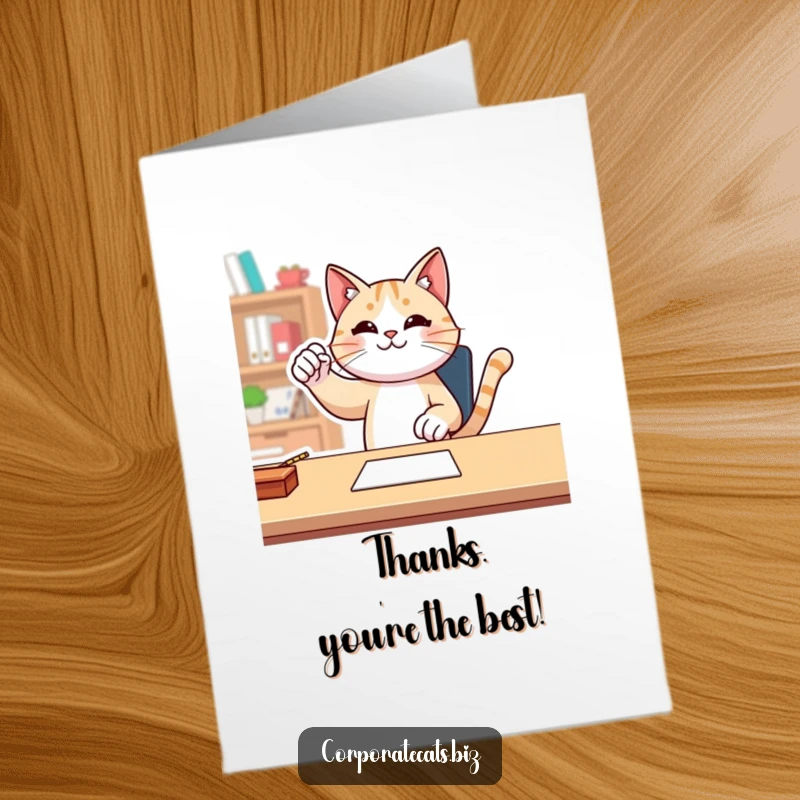 Funny Free Printable Thank You Card: Cat pumps fist triumphantly at desk, expressing heartfelt thanks.