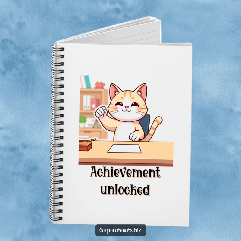 Funny cat performing a fist pump at a desk inside a notebook, ideal for jotting down winning ideas.