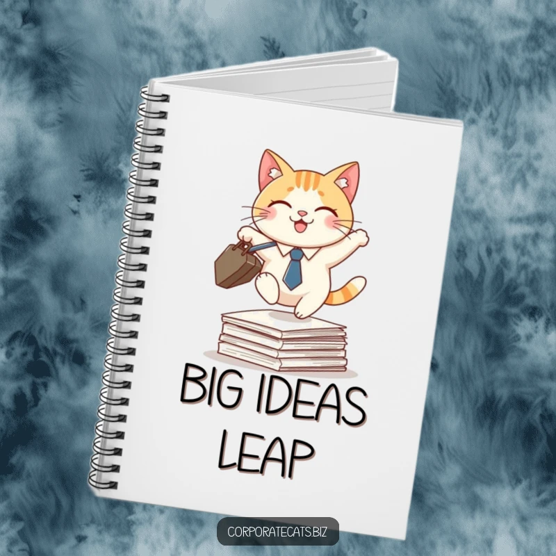Funny notebook cover featuring a smiling cat in a tie, holding a briefcase, leaping over papers, for jotting down business ideas.