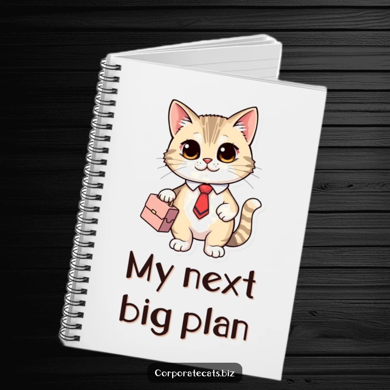 Funny Business Cat Notebook: a cute cat character in a tiny tie and holding a briefcase, perfect for writing down ideas.