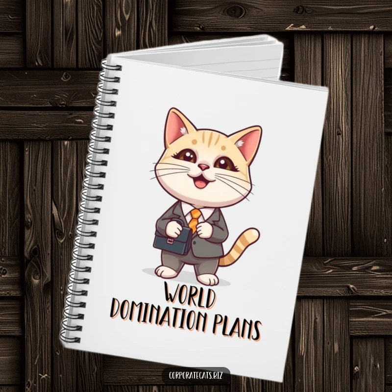 Funny notebook with a cat in a miniature suit holding a briefcase, an ideal companion for jotting down witty thoughts and business plans.
