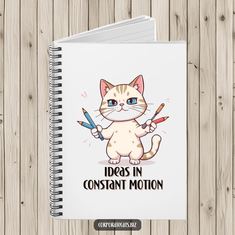 Funny notebook showcasing a determined cat skillfully juggling a stack of pens, ideal for capturing notes and ideas.
