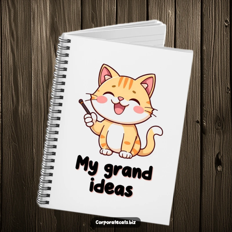 Funny cat character giving a presentation with a pointer in a notebook, inspiring smart ideas and humor, ideal for note-takers.