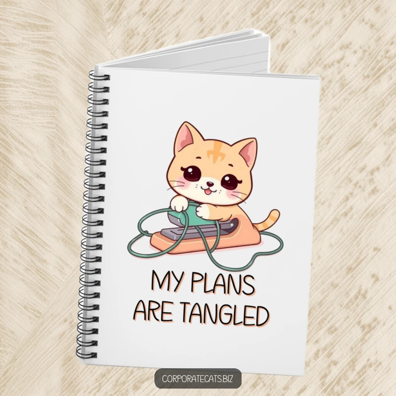 Funny cat stapler notebook, comically tangled in its cord, great for jotting down work notes and ideas.
