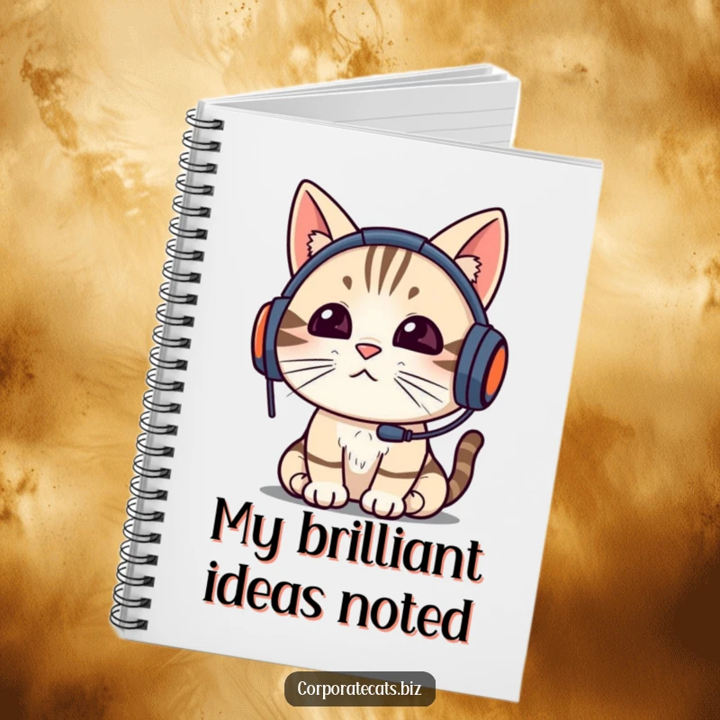 Funny cat with headset engaged in a video call, on the cover of a notebook, ideal for journaling and notes, a funny gift.