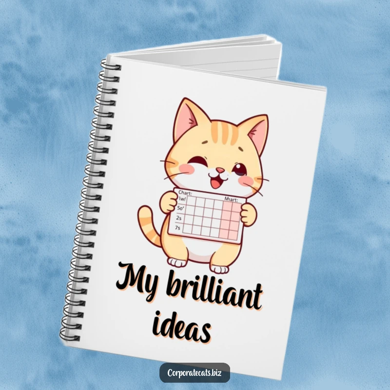 Funny notebook featuring a cheerful cat character presenting a small chart. Perfect for notes, business plans, and creative ideas.