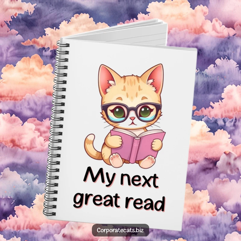 Funny notebook featuring a curious cat wearing glasses, reading a tiny book, ideal for jotting down thoughts and literary musings.