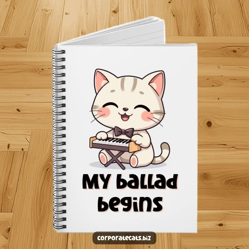 Funny notebook featuring a smiling cat in a bowtie playing a tiny piano, perfect for jotting down notes with musical flair.