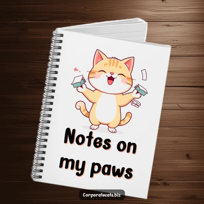 Funny notebook cover illustrating a cheerful cat character juggling numerous paper stacks, ideal for capturing ideas with a touch of humor.
