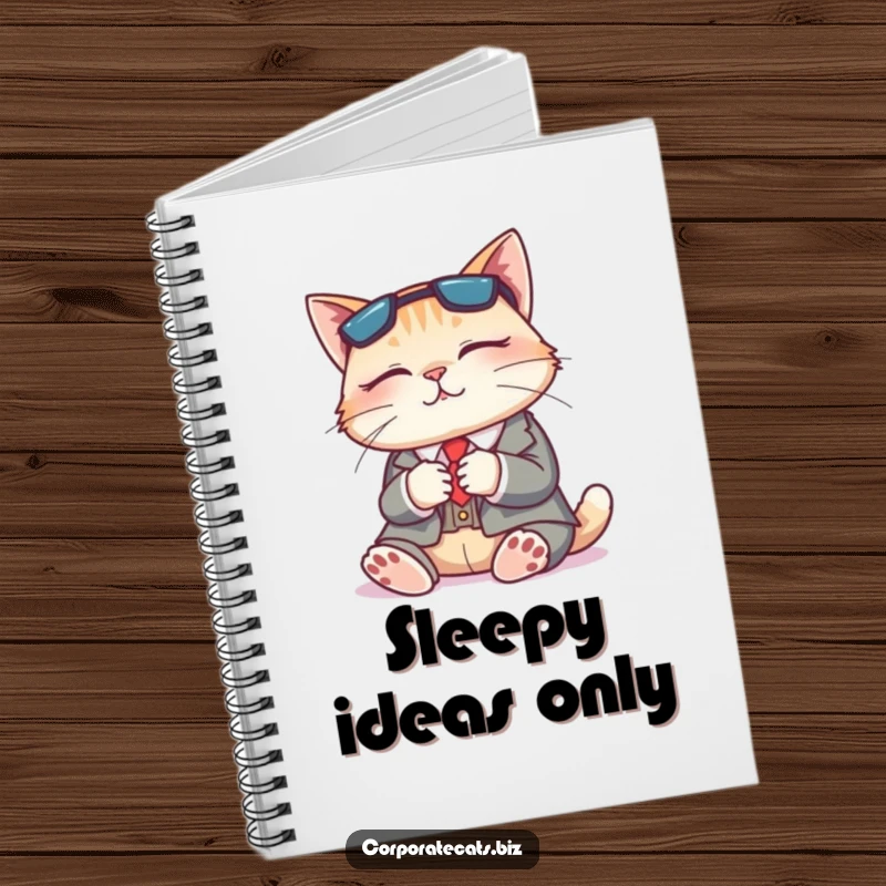 Funny notebook featuring a napping cat in a business suit, ready to help capture relaxed ideas and peaceful thoughts.