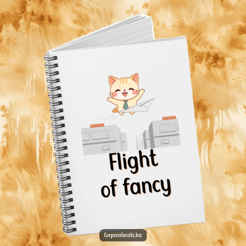 Funny notebook cover with a joyful cat wearing a small tie, soaring on a paper airplane, ideal for capturing creative thoughts.