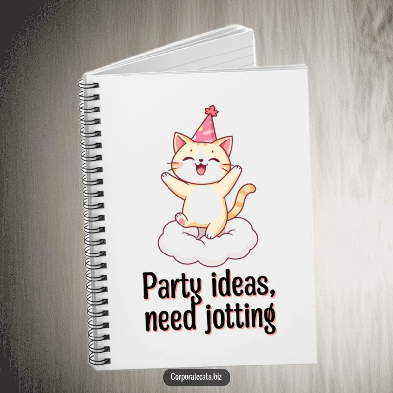 Funny cat in a party hat dancing on a cloud, perfect for jotting down party ideas. A wonderful funny gift.