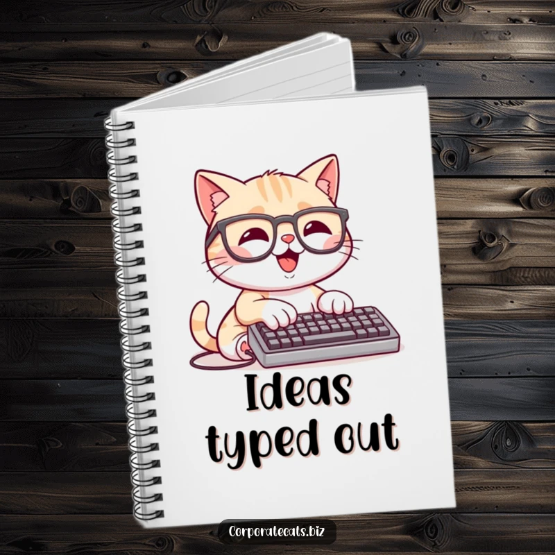 Funny Programmer Cat Notebook: a happy cat character wearing glasses and typing on a tiny keyboard, great for notes.