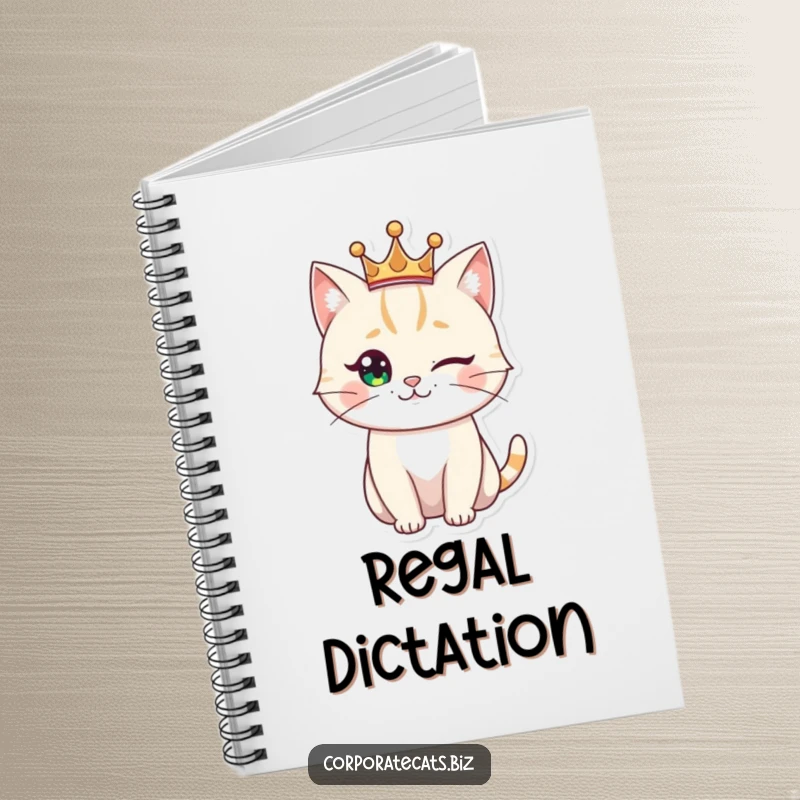 Funny royal cat notebook, a winking feline wearing a small crown, ideal for jotting down regal thoughts and plans.