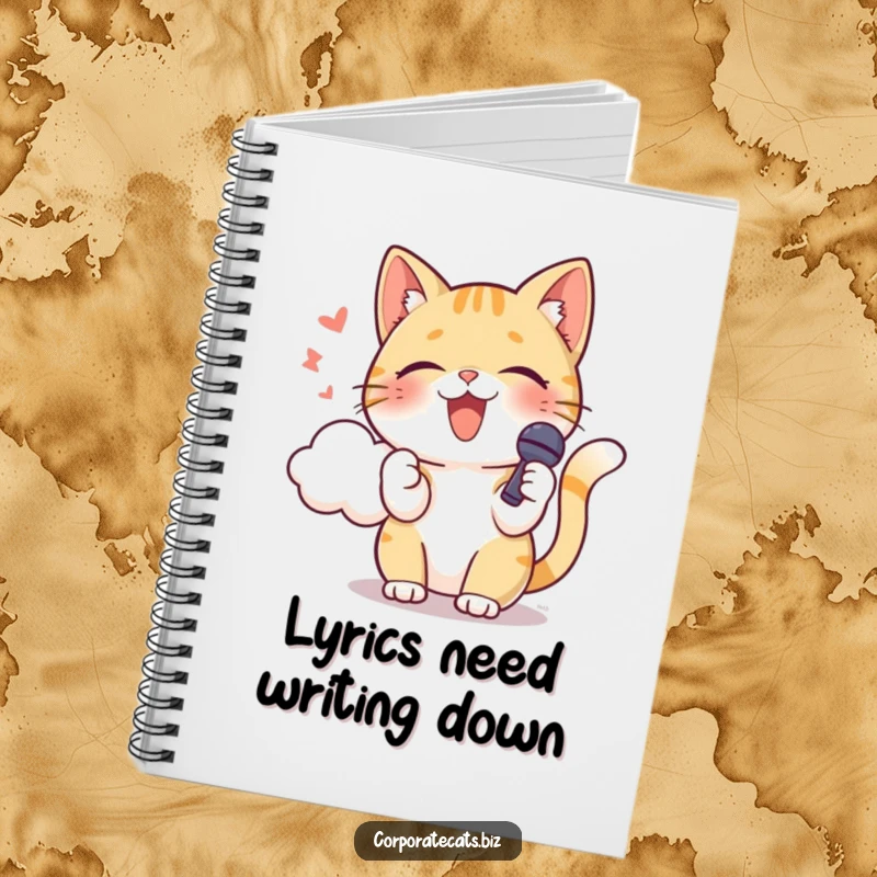 Funny cat with a microphone, singing into a cloud, perfect for jotting down lyrics. A wonderful funny gift.