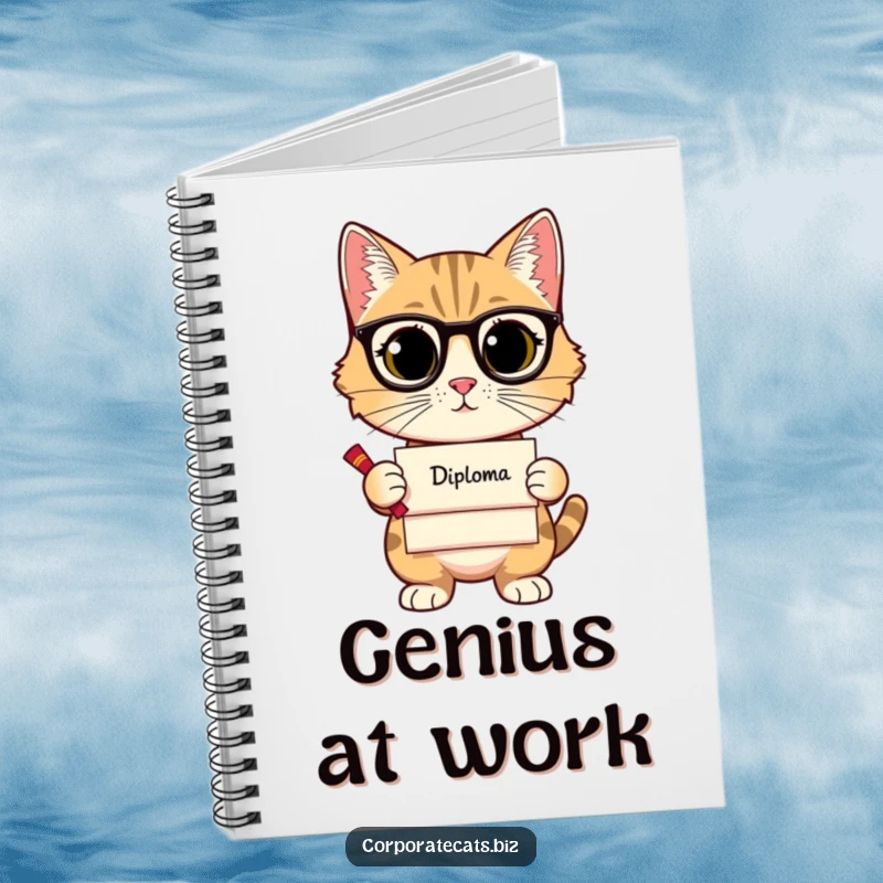 Funny notebook cover with a sophisticated cat holding a diploma, ideal for journaling and note-taking with an educated flair.