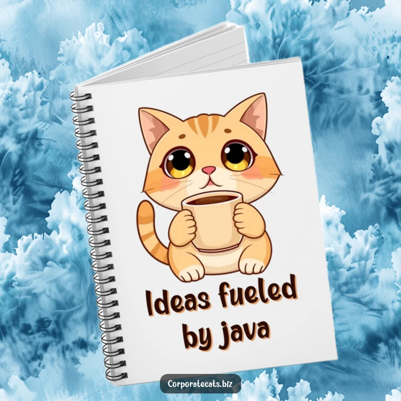 Funny notebook cover featuring a wide-eyed, surprised cat holding a coffee cup, perfect for journaling and note-taking with a humorous twist.