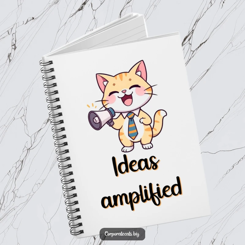Funny cat notebook with a cat in a business tie, holding a tiny megaphone to inspire ideas and excitement.