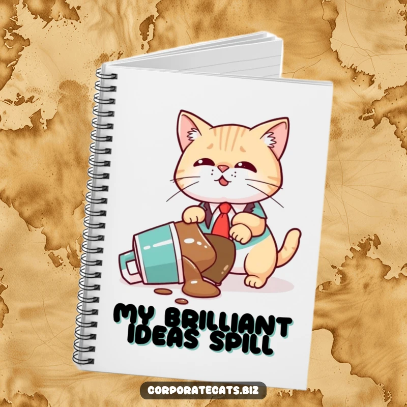 Funny Notebook: A cat executive with papers scattered around spills coffee on their desk, looking flustered.