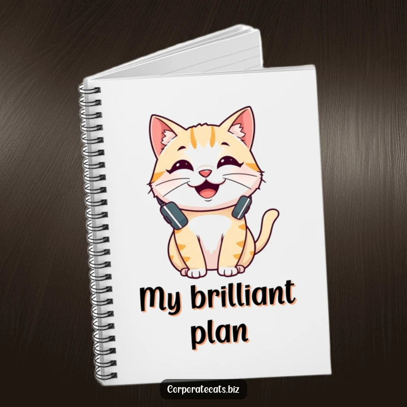 Funny notebook cover with a cheerful cat wearing a headset and talking, ideal for jotting down notes and ideas with a humorous touch.