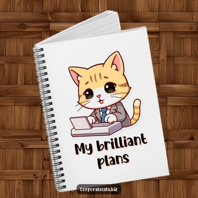 Funny cat in a suit and tie typing on a keyboard, featured on a notebook cover for business notes.