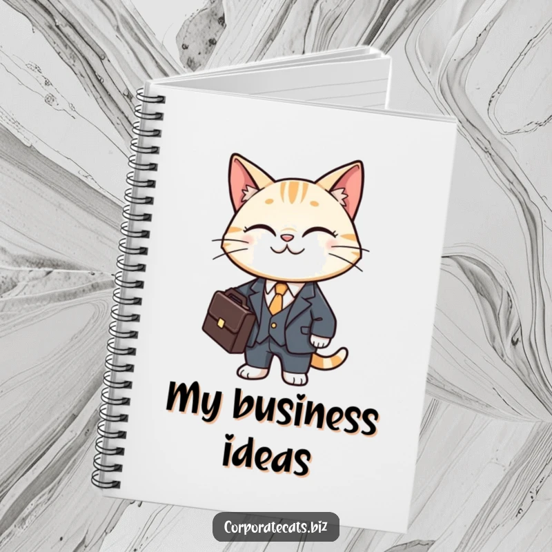 Funny cat notebook featuring a smiling cat character in a miniature business suit holding a briefcase.