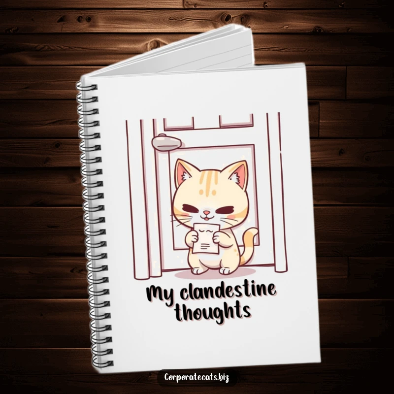 Funny Secret Agent Cat Notebook: a mischievous cat character slipping a tiny memo under a door, great for notes.