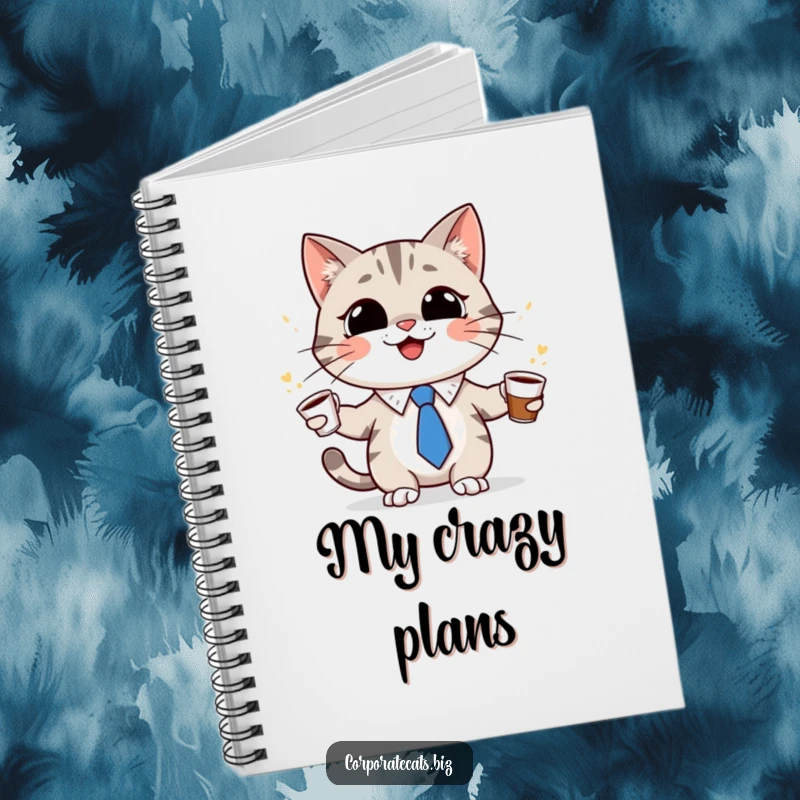 Funny cat character in a tiny tie, grinning and juggling coffee cups in a notebook, inspiring creative writing and humor, ideal for note-takers.