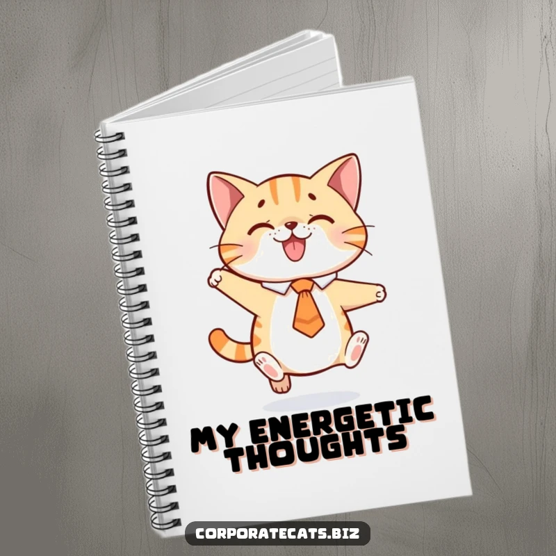 Funny notebook featuring a playful cat in a tie caught mid-jump, ready to help capture energetic ideas and plans.