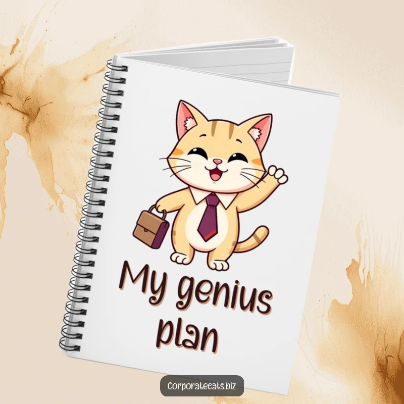 Funny cat business notebook showing a smiling cat in a tie and waving a briefcase, ideal for note-taking.