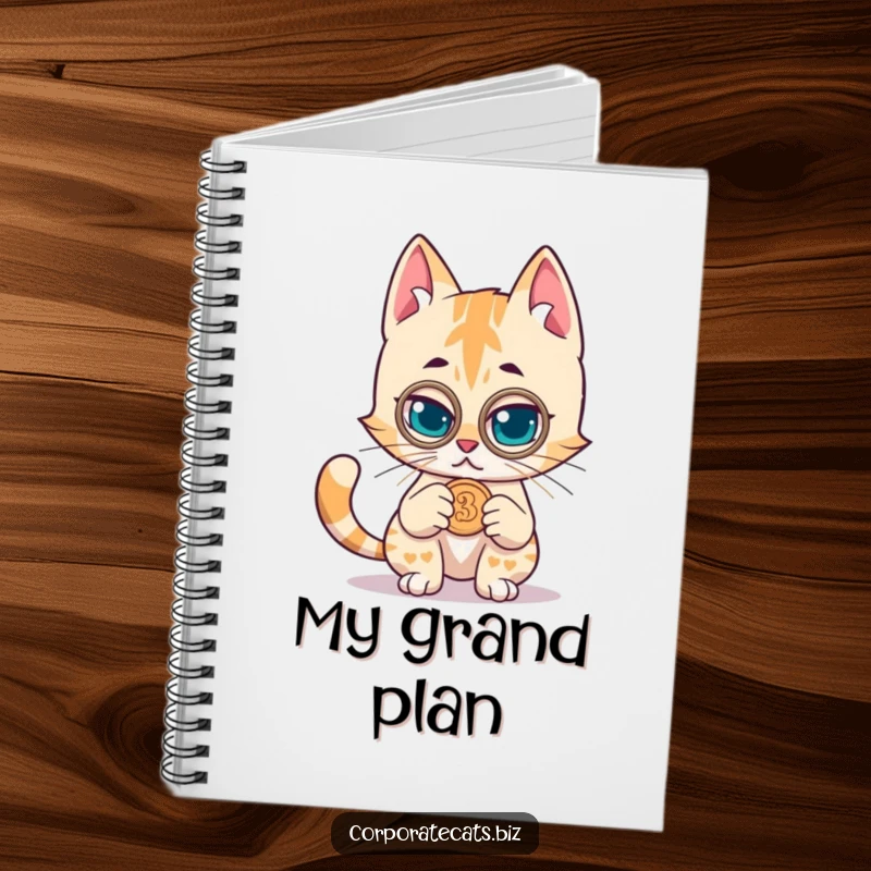 Funny notebook featuring a mischievous cat with a monocle examining a coin, perfect for jotting down notes and brilliant ideas.
