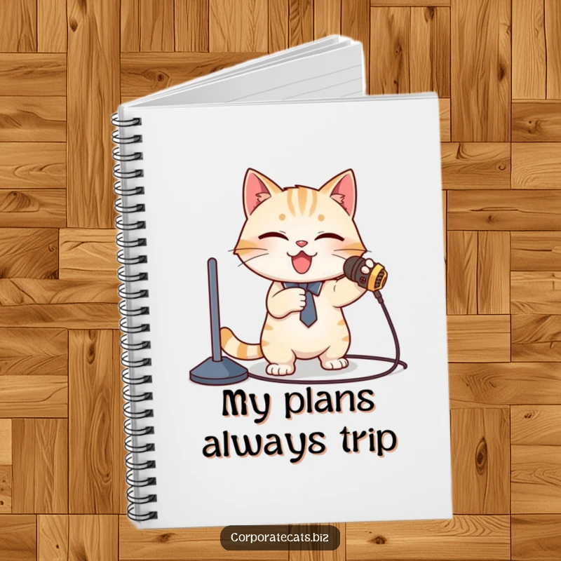 Funny Notebook: A cat presenter looks flustered after tripping over a microphone cord, papers flying. Inspiring clumsiness.