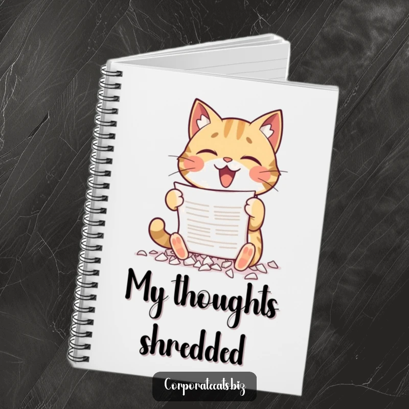 Funny notebook cover featuring a cat gleefully shredding a document with its paws, perfect for jotting down chaotic ideas.
