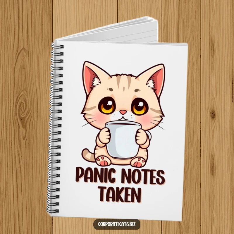 Funny notebook with a surprised cat with wide eyes holding a coffee cup, ideal for capturing morning thoughts.