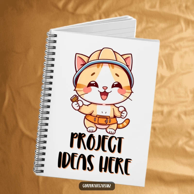 Funny cat in a hard hat holding a hammer, ready to 'construct' ideas in a durable notebook, ideal for note-taking.