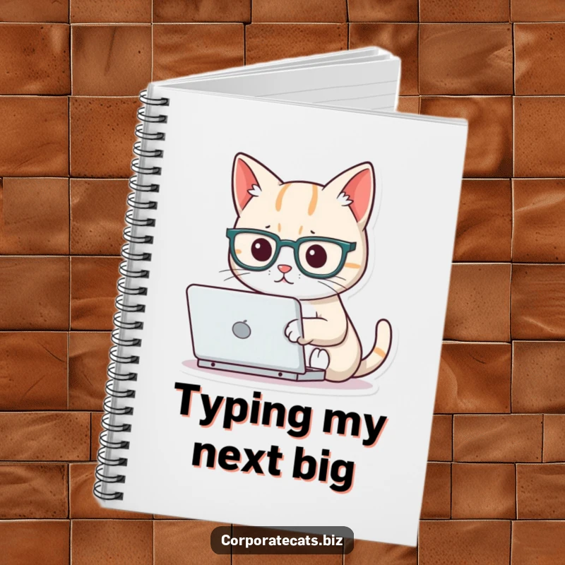 Funny focused cat notebook wearing tiny glasses, typing on a miniature laptop, a humorous stationery item for jotting down ideas with focus.