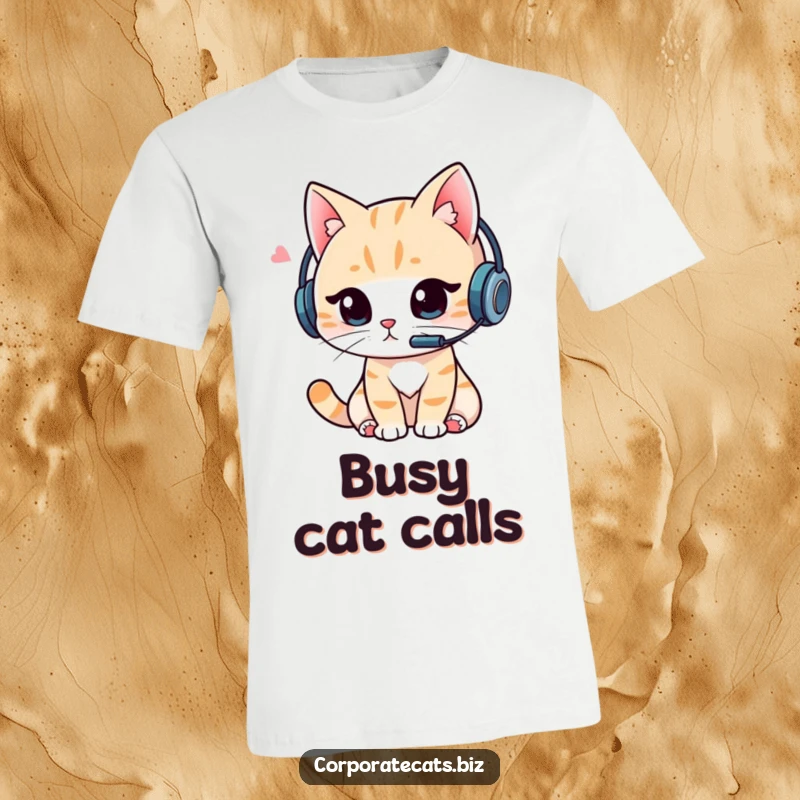 Funny Cat Video Call T-Shirt: Amusing cat wearing a headset, engrossed in a video call, representing concentration and online interaction.